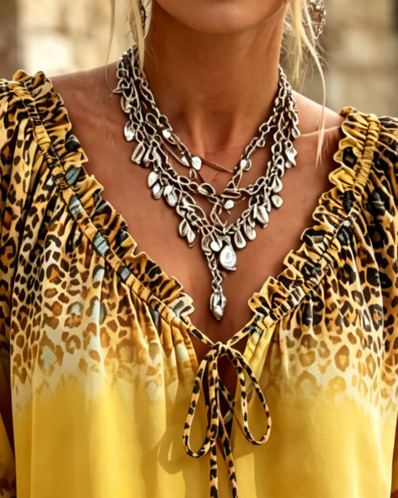 Blouse V-Hals Luipaardprint Vetersluiting