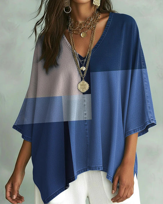 Top V-Hals Kleur Blok Los