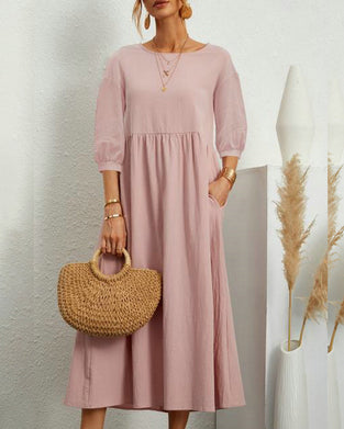 Effen midi-jurk van katoen en linnen