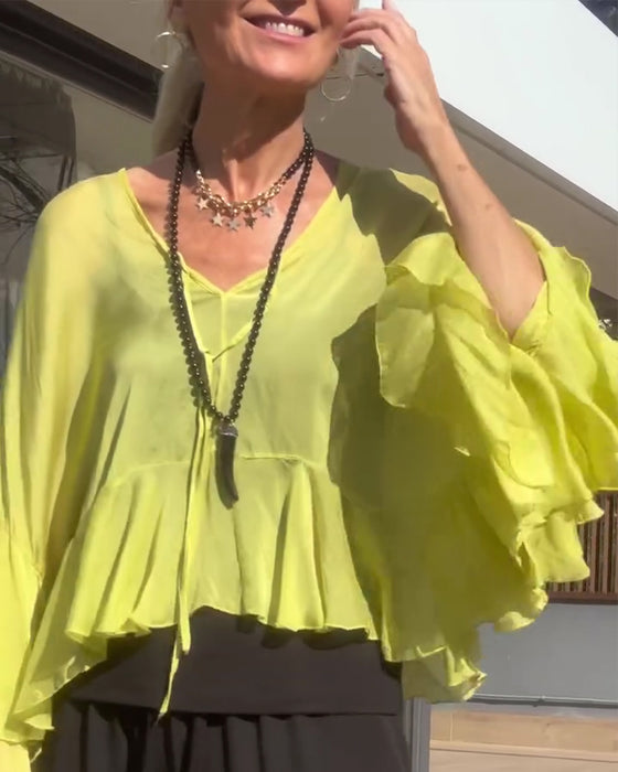Blouse Ruffle Fladder Mouw Vleermuis Mouw