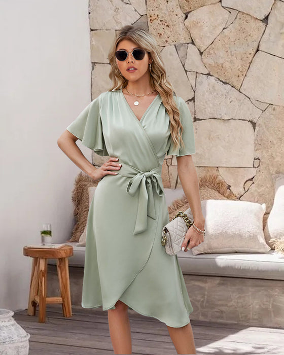 V-hals hals taille klok mouw jurk