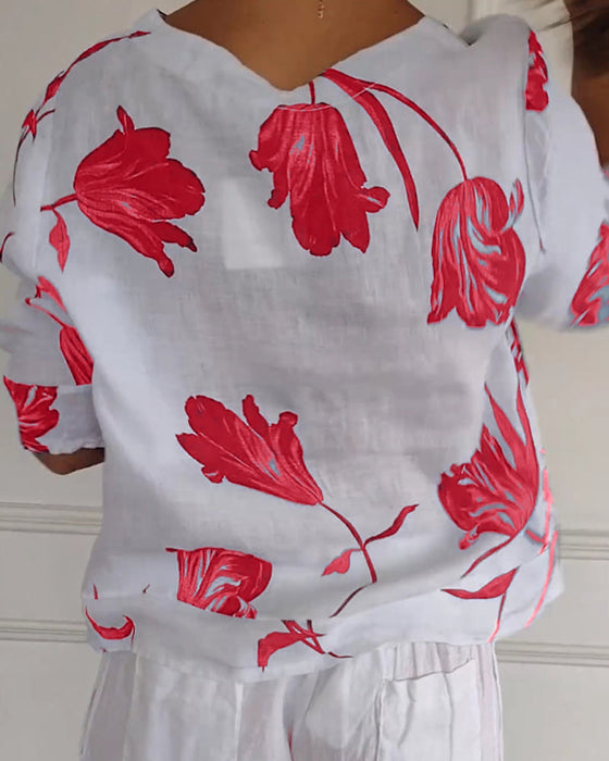 Top met bloemenprint van katoen en linnen