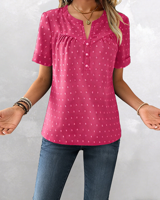 Blouse Jacquard V-Hals Half Sluiting Korte Mouw