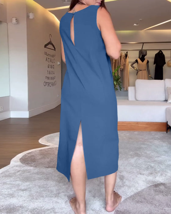 Jurk casual v-hals mouwloos effen kleur split