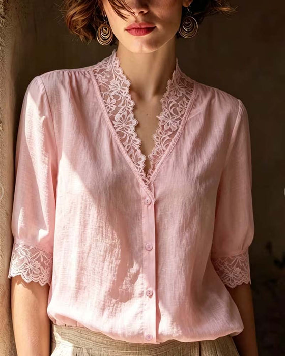 Blouse V-Hals Kant Patchwork Effen Driekwart Mouw