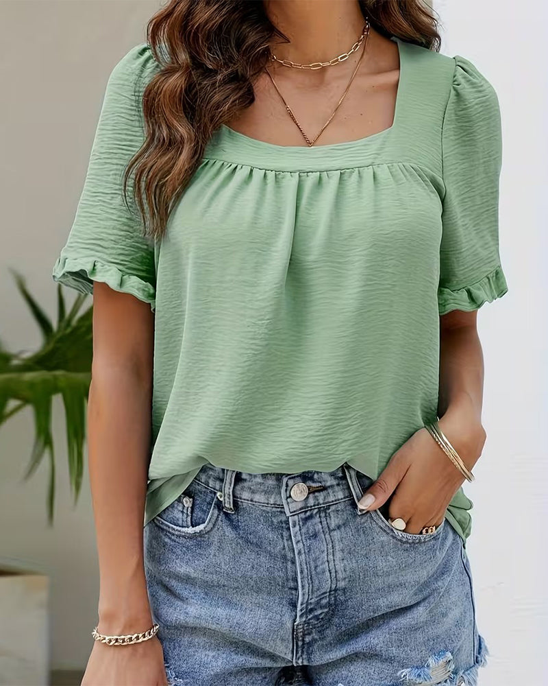 Blouse Vierkante Hals Geruwd Mouw