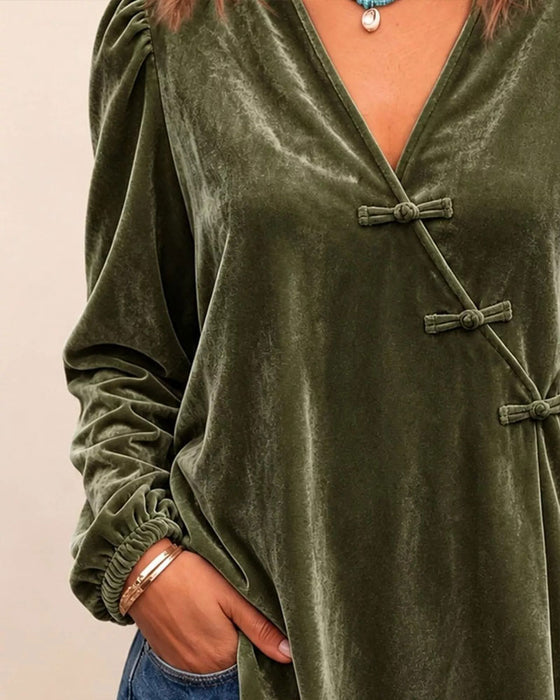 Blouse V-Hals Knoop Voor Cross Over Pofmouw
