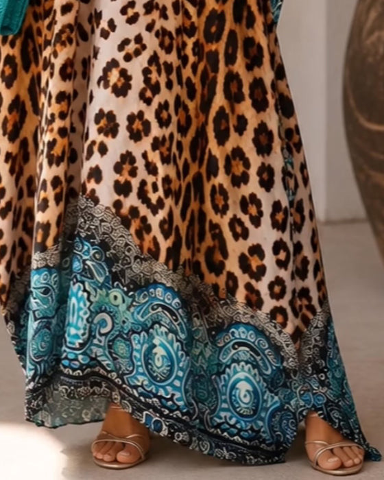 Jurk V-Hals Luipaardprint Uitlopend Contrastkleur