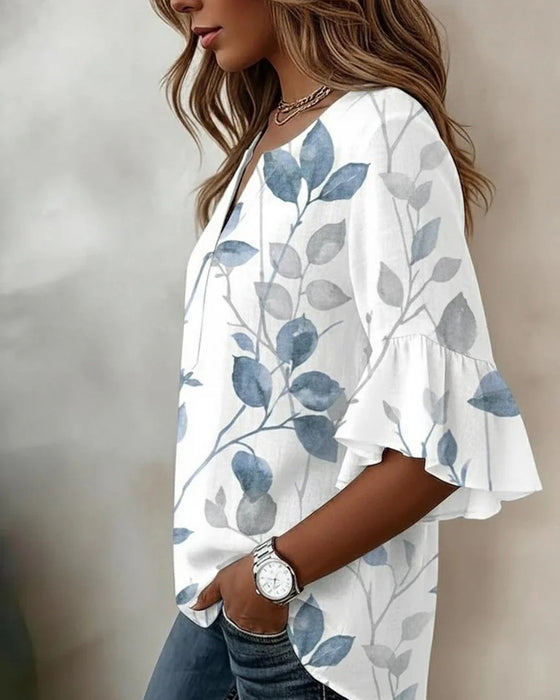 Blouse Flutter Flare Mouw Blad Print