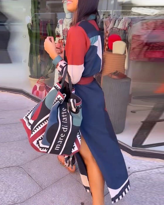 Casual color block print jurk met revers en veter