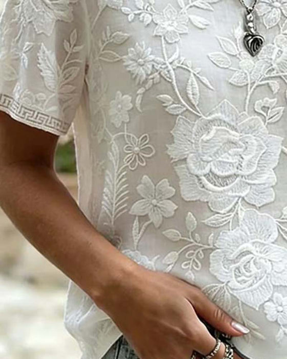 Blouse Rondhals Geborduurd Kant Patchwork