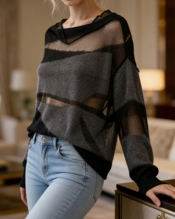 Pullover Contrastkleur Transparant Langmouw Trui