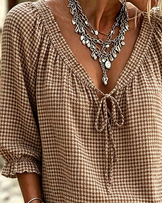 Blouse V-Hals Pofmouw Strik Ruitjesmotief