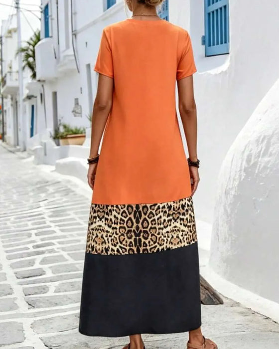 Maxi-Jurk V-Hals Kleurblok Patchwork Luipaard