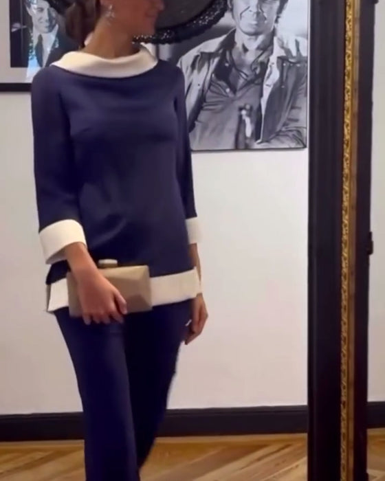 Casual contrasterende kleur losse top met opstaande kraag