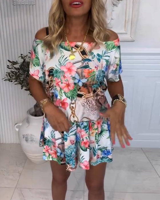 Jumpsuit Met Planten - en Bloem Motieven, Off - the - Shoulder Stijl