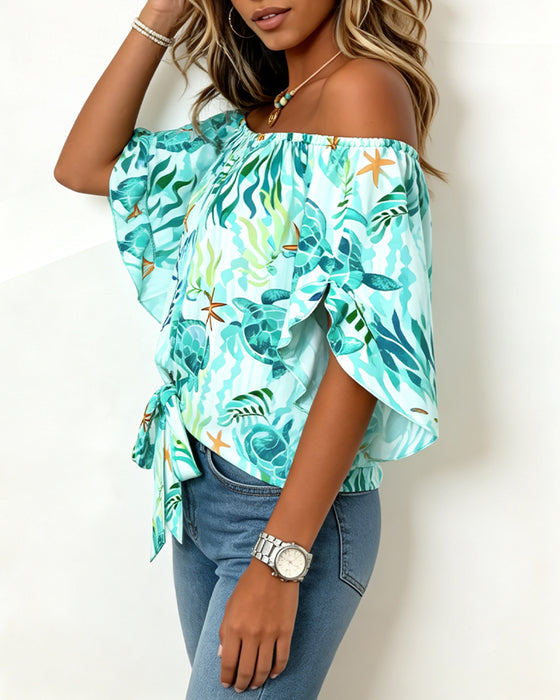 Blouse Oceaan Print Off-Shoulder Stropdas