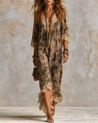 Jurk V-Hals Kant Patchwork Asymmetrisch