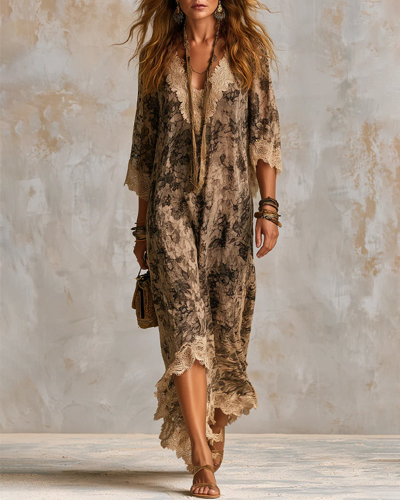 Jurk V-Hals Kant Patchwork Asymmetrisch