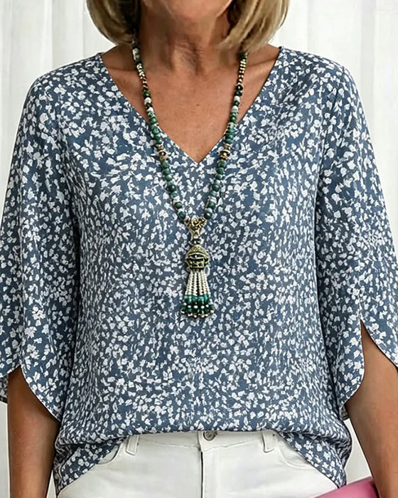 Blouse V-Hals Split Klokmouw Bloemig Ellebooglang