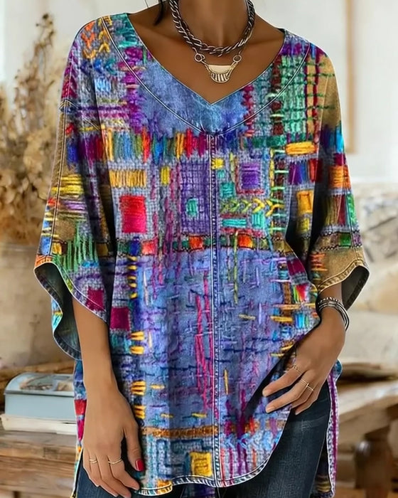 Blouse Met Kleurrijke Geometrische Print En Wijde Mouwen