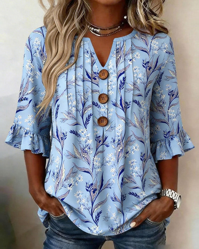Blouse Met Botanische Print En Ruchesmouwen