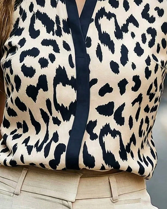 Blouse Opstaande Kraag Luipaard Korte Mouw