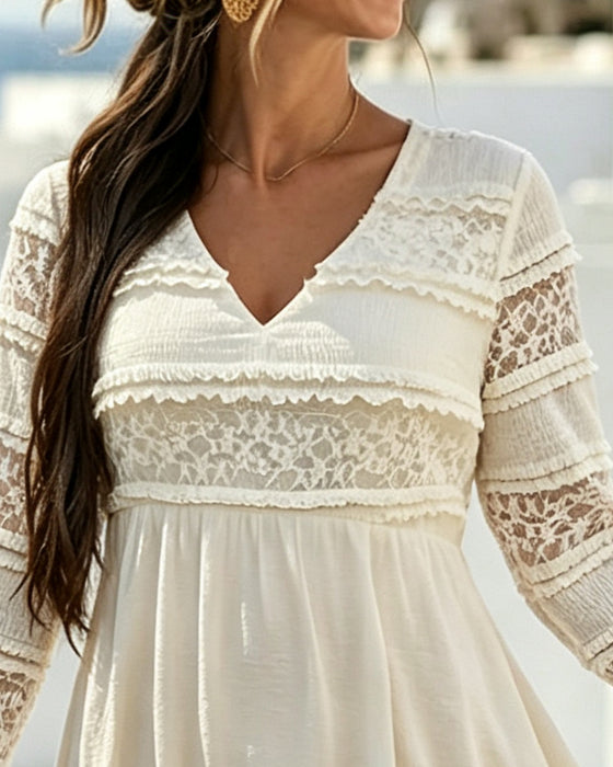 Jurk Effen Kleur V-Hals Kant Patchwork