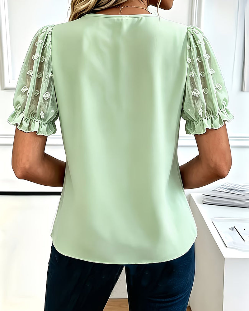 Blouse Ronde Hals Kant Poef Mouwen