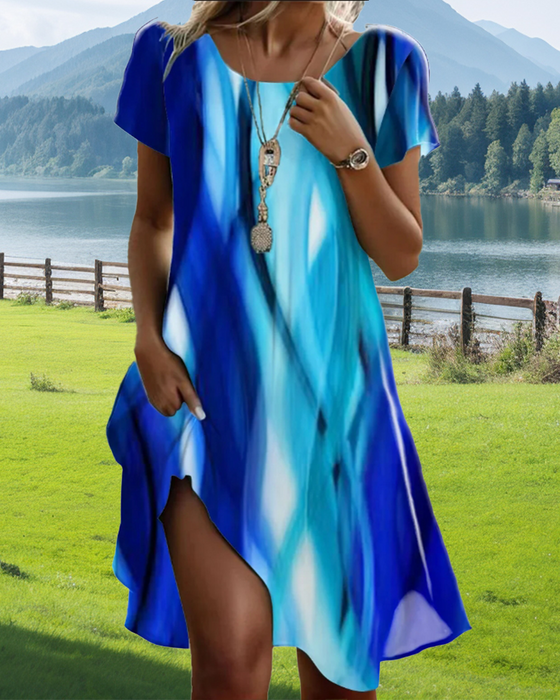 Jurk Puffmouwen Tie-Dye Ronde Hals