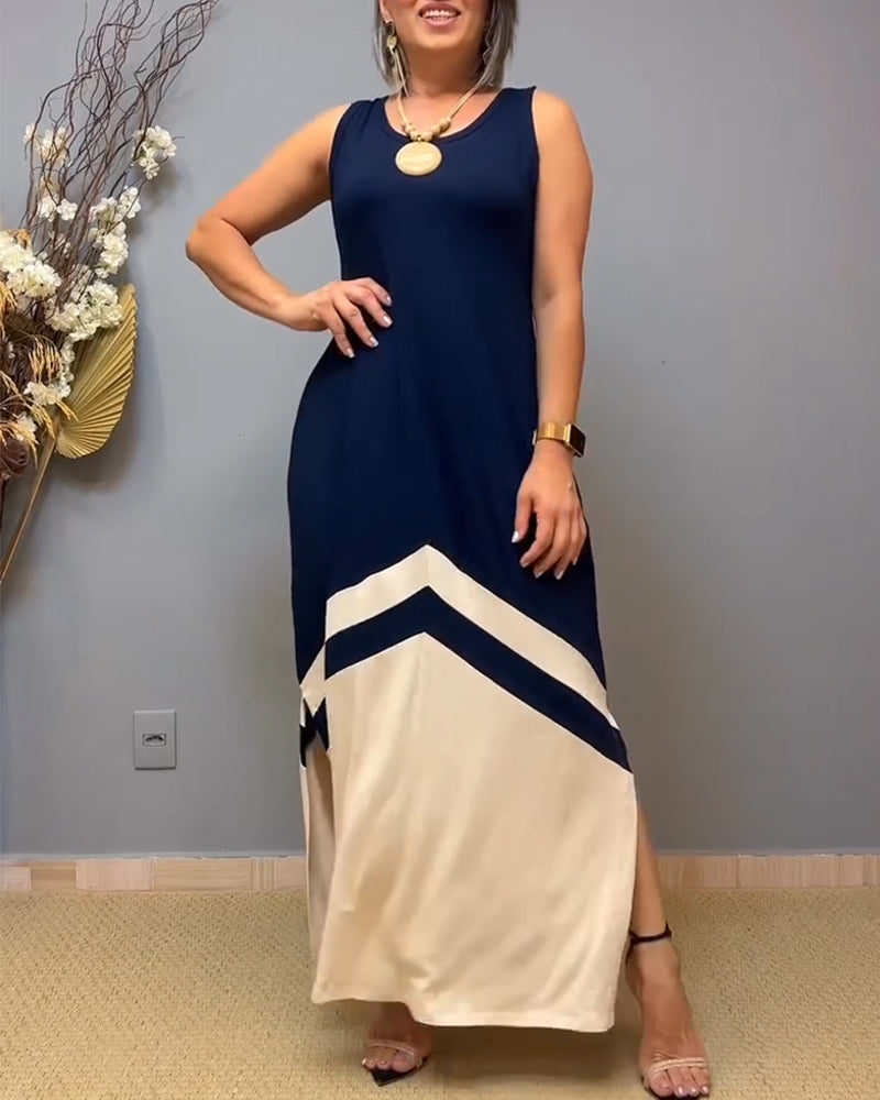 Jurk Mouwloos Contrast Kleur Split Lang