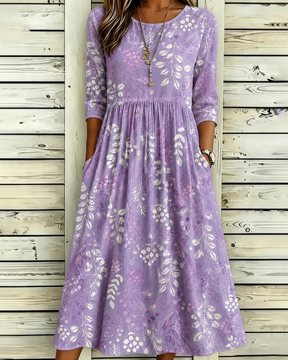 Jurk Ronde Hals Blad Print Getailleerde Taille