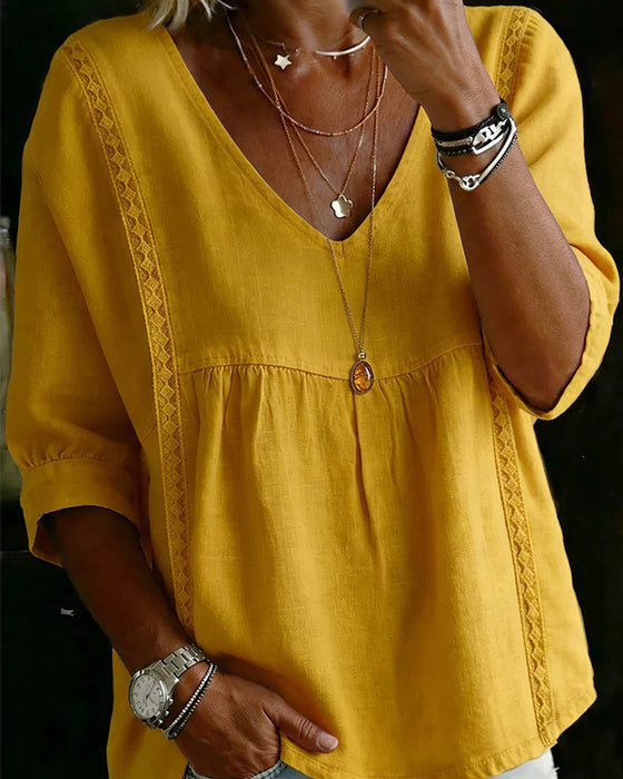 Blouse Ruffle Rand V-Hals Ellebooglange Mouw
