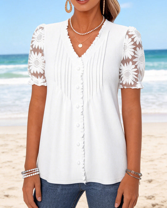T-Shirt V-Hals Knoop Geplooid Kant Patchwork