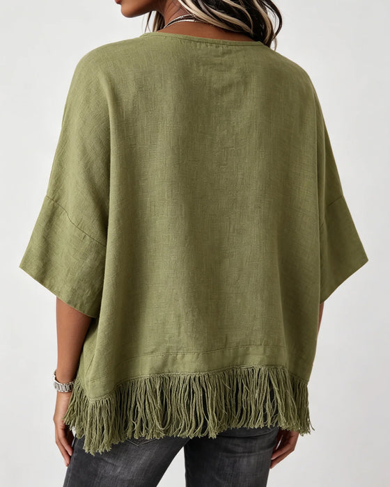 Blouse Ronde Hals Franje Ellebooglange Mouw Effen