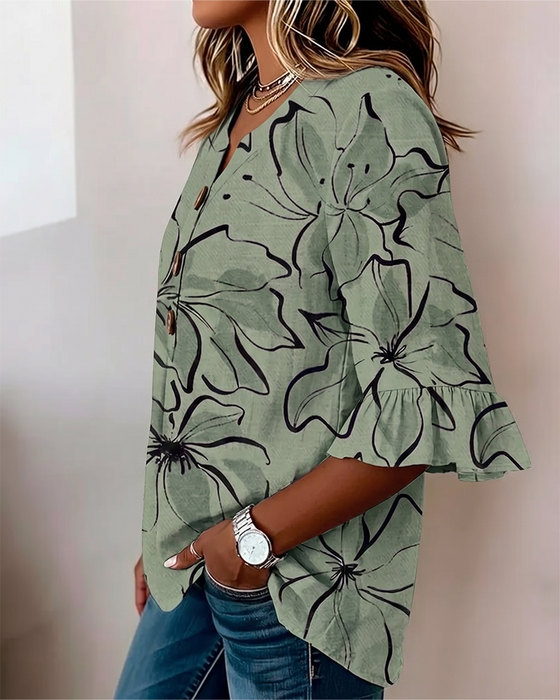 Blouse V-Hals Bloemen Ruche 3/4-Mouw