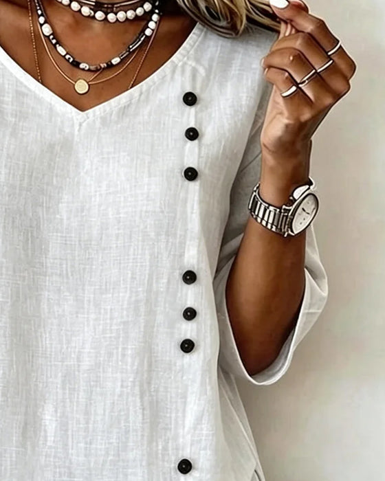 Blouse Knoop Asymmetrisch Knoopsluiting V-Hals Onregelmatige Zoom