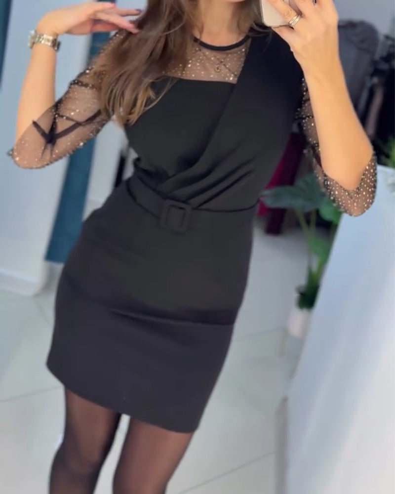 Jurk Mesh Kappe Rhinestone Slim Fit Heupomvattend