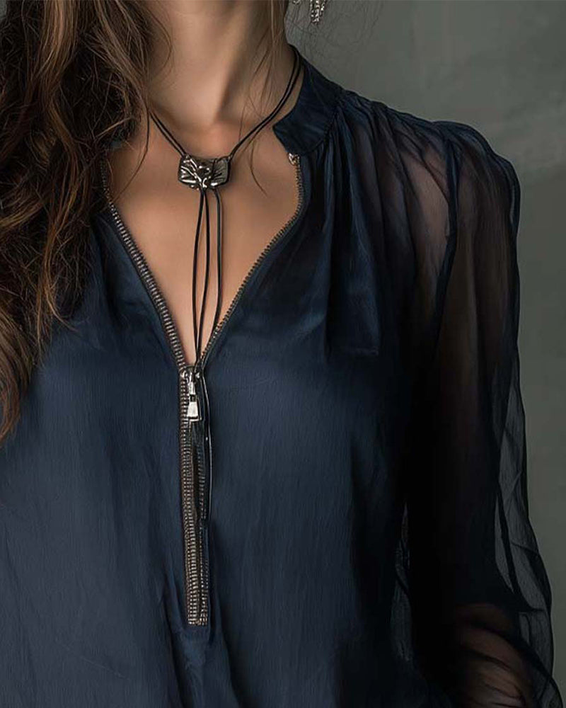 Blouse Half-ritsluiting Gaas Lange-mouw