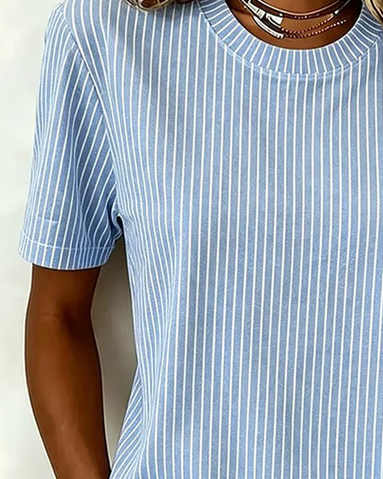 Top Blauw En Wit Verticale Streep Rondhals