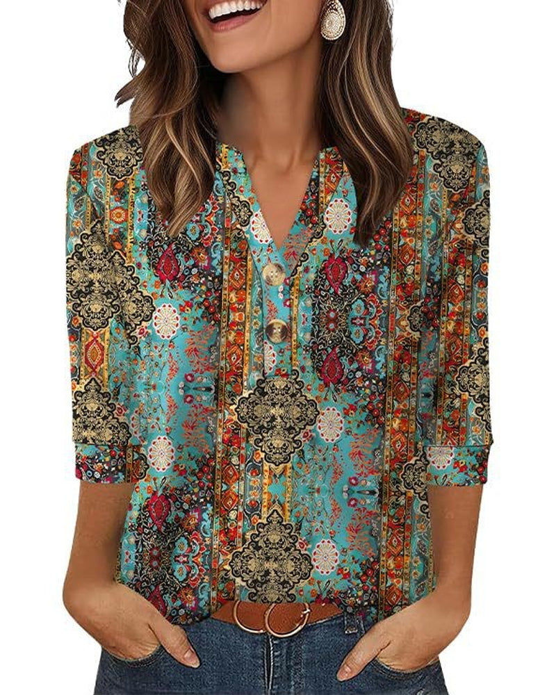 Blouse V-Hals Geknoopt Driekwart Mouw