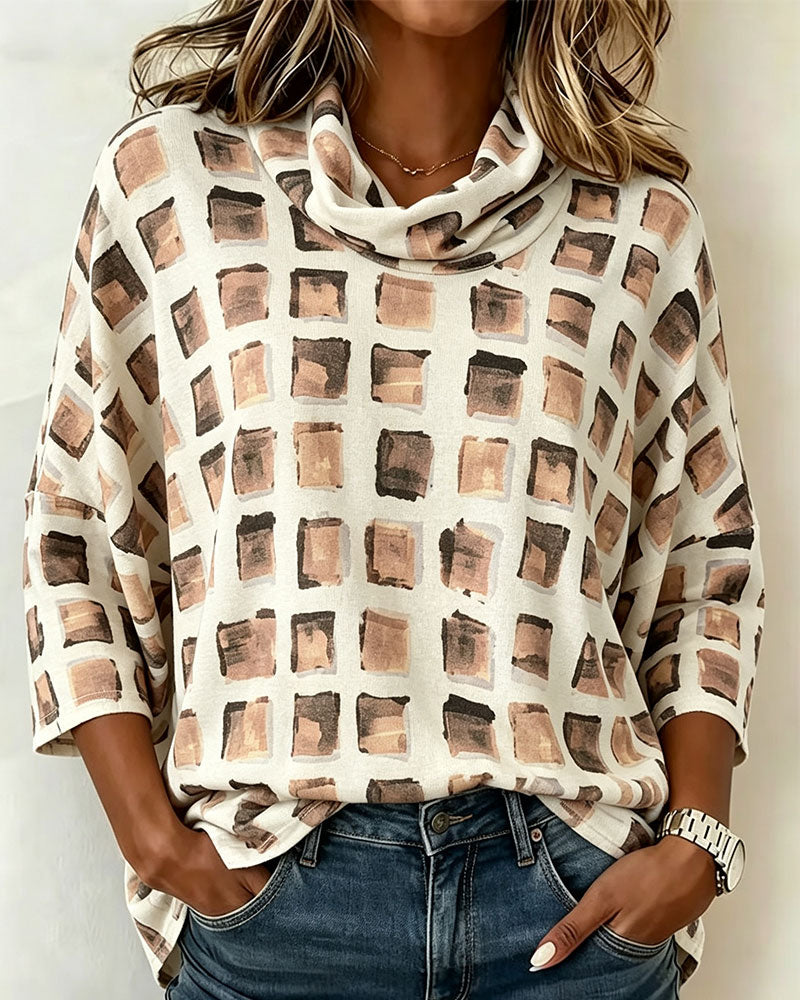 Top Ruitpatroon Print Cowl Kraag Verlaagde Mouw