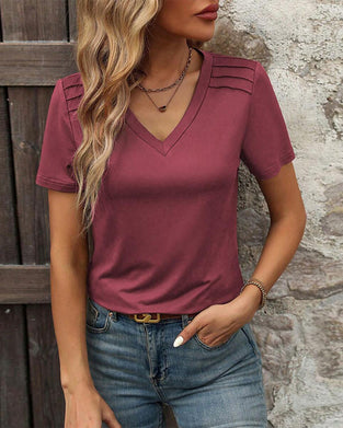 Korteerm T - shirt Met Een V - Nek En Eenvoudige Kleur