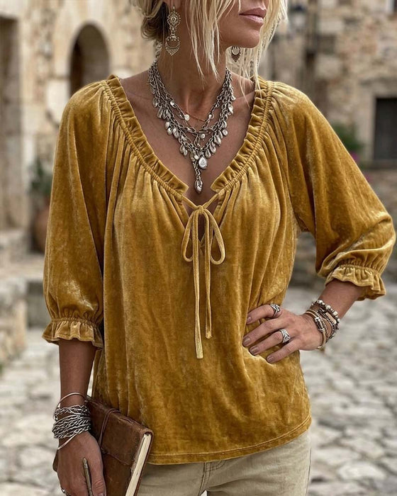Blouse Trekkoord Fluweel Korte Mouw