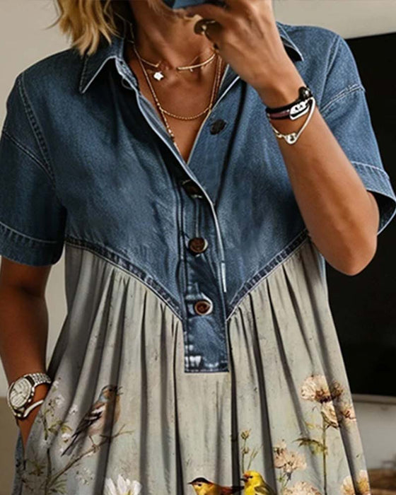 Jurk Overhemdkraag Bloemig Denim Patchwork
