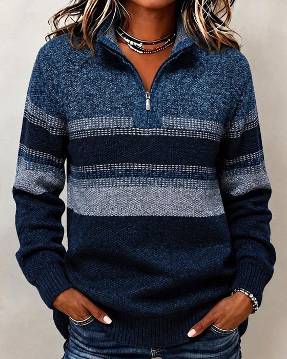 Pullover Revers Rits Gestreept Contrast