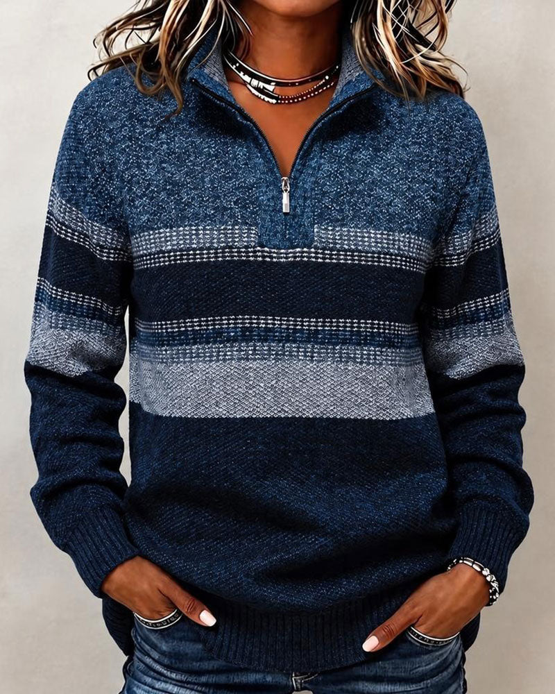 Pullover Revers Rits Gestreept Contrast
