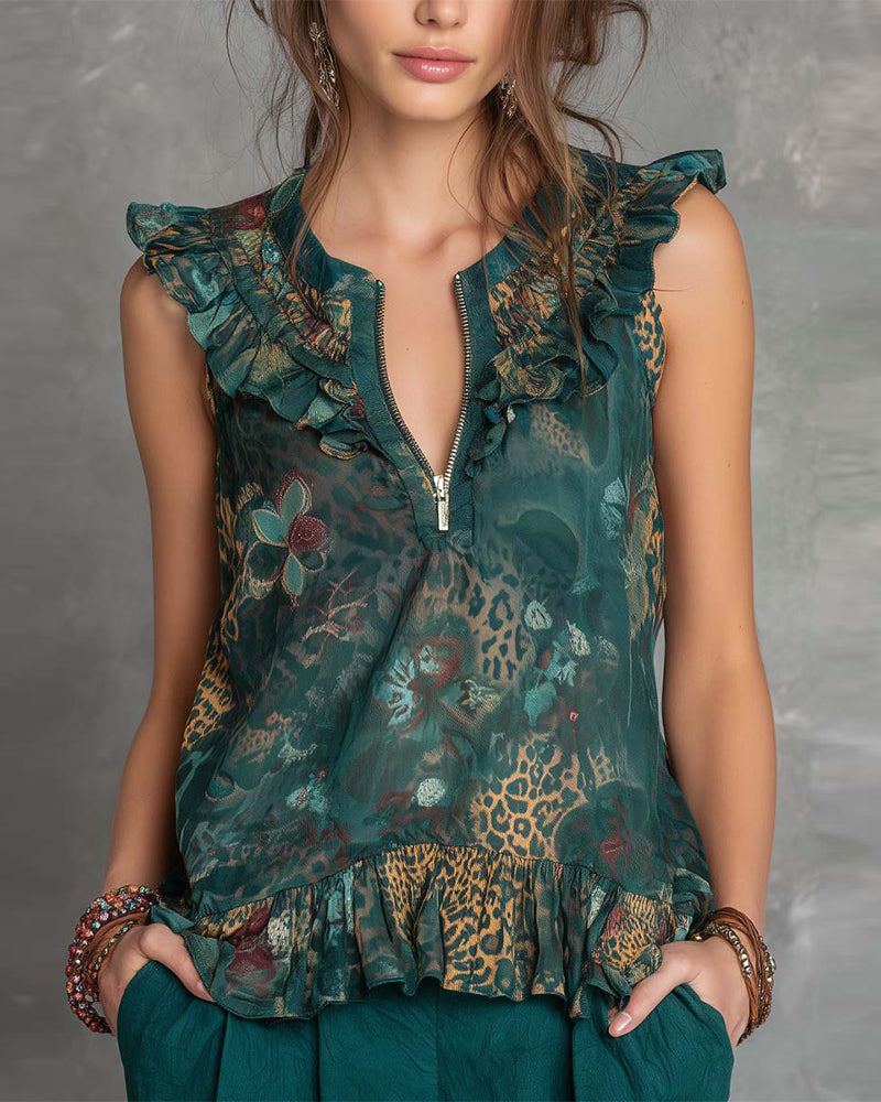 Blouse Gerimpeld Mouwloos Halfritsen