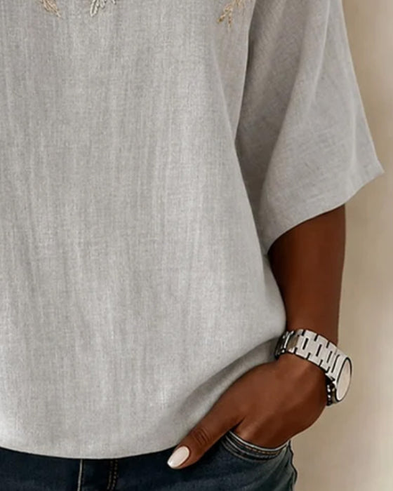 Blouse Ronde Hals Halflange Mouw Bladmotief