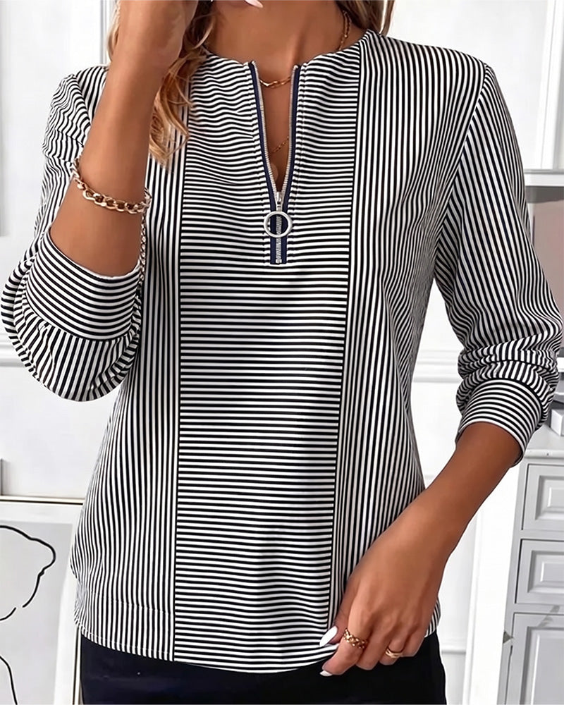 Blouse Gestreept Patchwork Rits Dicht